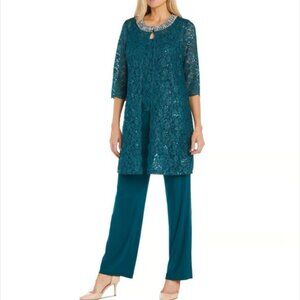 R&M Richards Petite Sequin Lace Jacket Tank Pants Set 14P Emerald NWT -A143